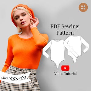 Women&#39;s Bodysuit PDF Sewing Pattern sizes XXS-3XL/ Long sleeves bodysuit Pattern/ One piece bodysuit sewing pattern/ Beginners friendly