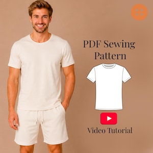 Patrón de costura en PDF para camiseta de hombre / Camiseta clásica de cuello redondo (tallas S-5XL) / Para principiantes + Videotutorial