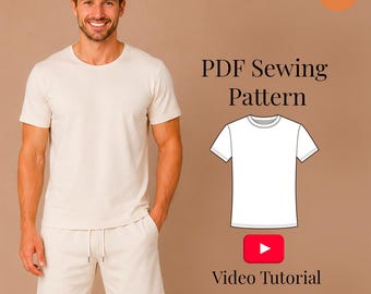 Mönster för herr-T-shirt i PDF-format | Klassisk rundhalsad T-shirt S-5XL | Nybörjare + videohandledning