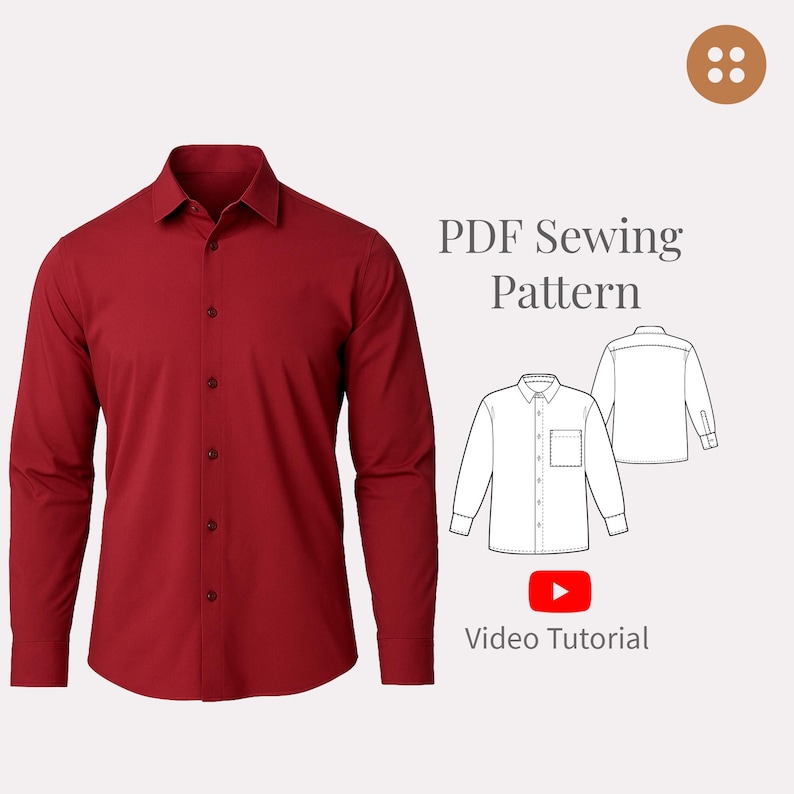 Peut inclure: Un patron de couture PDF pour une chemise &agrave; manches longues boutonn&eacute;e. Le patron comprend une vue de face et de dos de la chemise. Une chemise rouge est pr&eacute;sent&eacute;e comme exemple. La liste comprend un tutoriel vid&eacute;o. "Patron de couture PDF"
