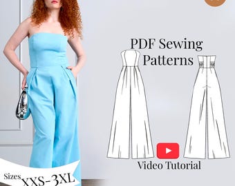 Off-Shoulder Jumpsuit Sewing Pattern: Sizes XXS-3XL (PDF Pattern+Video Tutorial)