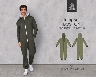 Men's Jumpsuit Sewing Pattern Sizes S, M, L/ 186 cm Height (73,2 in)| Hooded Overall for men| Mens onepiece clothing| Coverall for men