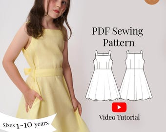 Patrón de costura para vestido de verano para niñas: Vestido de verano fácil, tallas 1 a 10 años (Patrón en PDF + Videotutorial)