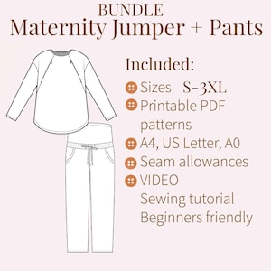 Maternity Sewing Pattern PDF | Nursing Top + Pregnancy Pants Bundle S-3XL | PDF + Video Tutorial 

Maternity Bundle PDF Sewing Pattern | Sizes S–3XL Sew a complete maternity set — a relaxed raglan-sleeve top with nursing-friendly seam access, paired with comfortable elastic drawstring pregnancy pants. Designed to grow with your bump and stay comfortable through every stage, this soft, easy-fit set is perfect for everyday wear, lounging, or nursing after baby arrives.