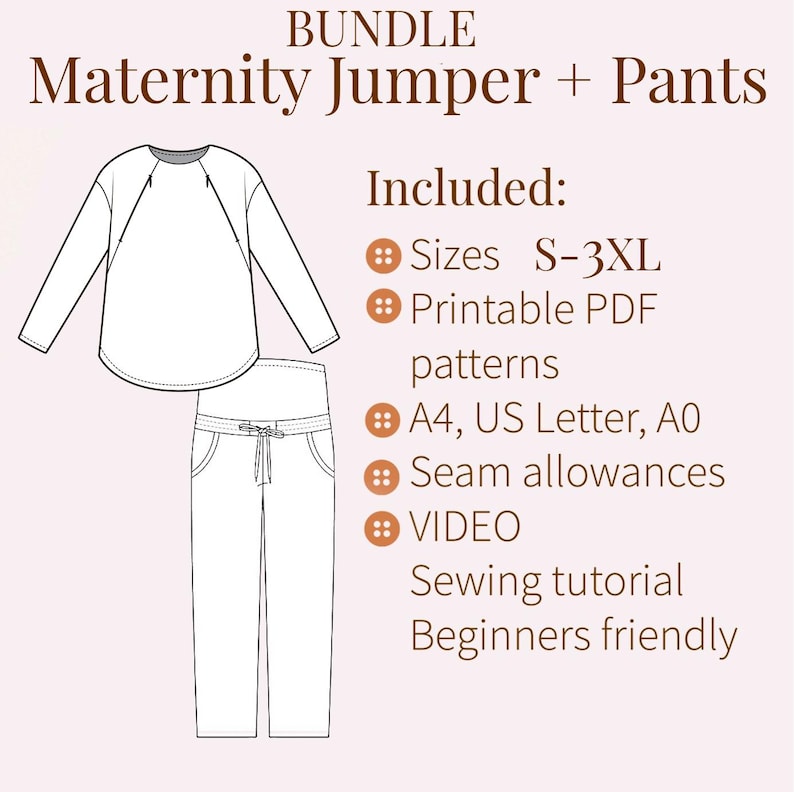 Maternity Sewing Pattern PDF | Nursing Top + Pregnancy Pants Bundle S-3XL | PDF + Video Tutorial 

Maternity Bundle PDF Sewing Pattern | Sizes S–3XL Sew a complete maternity set — a relaxed raglan-sleeve top with nursing-friendly seam access, paired with comfortable elastic drawstring pregnancy pants. Designed to grow with your bump and stay comfortable through every stage, this soft, easy-fit set is perfect for everyday wear, lounging, or nursing after baby arrives.