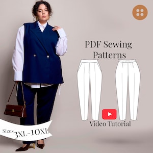 Puede incluir: Una mujer con un chaleco azul marino y pantalones a juego sobre una camisa blanca. La imagen incluye un diagrama de patrones de pantalones y el texto "PDF Sewing Patterns", "Video Tutorial" y "Tallas 3XL-10XL."