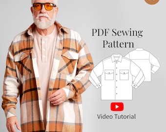 Men Shirt Jacket PDF Sewing Pattern + Video Tutorial/ Sizes S-5XL