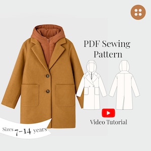 Kids Coat PDF sewing pattern Sizes 7 - 14 years/ Girls Coat Sewing pattern Sizes/ Kids hooded coat pattern/ For Beginners/ Video Tutorial
