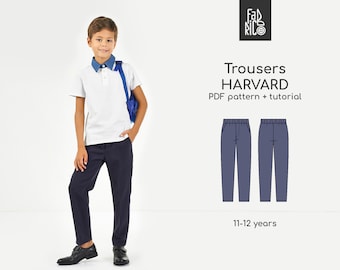 Boys Trousers Sewing Pattern, teen classic pants pattern PDF, school uniform for boys / Sewing Tutorial / Sizes 11-12  years