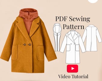 Kids Double-Breasted Coat Sewing Pattern, Removable Hood, Sizes 7-14 (PDF Pattern + Video Tutorial)