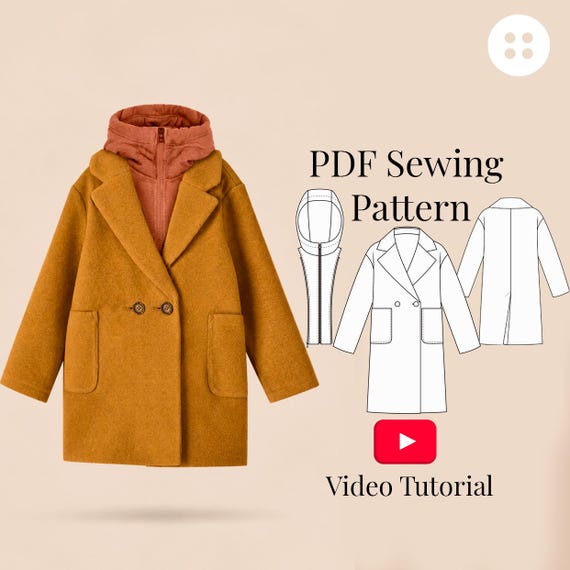 Kids Double-Breasted Coat Sewing Pattern, Removable Hood, Sizes 7-14 (PDF Pattern + Video Tutorial)