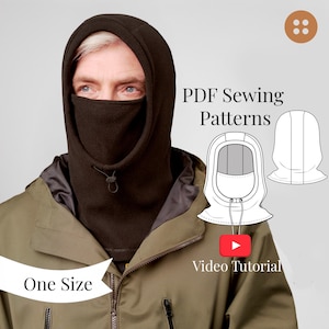 May include: A brown balaclava with a drawstring closure, worn by a person. The image includes the text "PDF Sewing Patterns", "One Size", and a "Video Tutorial" button.