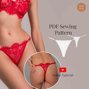 May include: Red lace lingerie set, including a bra and thong, with a delicate floral pattern. The image also features a PDF sewing pattern and a video tutorial link.
