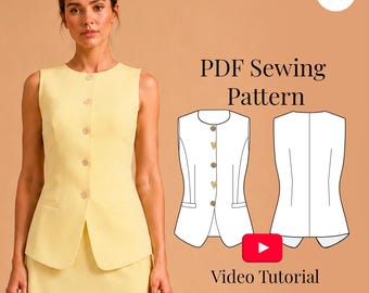 Lined Vest Sewing Pattern PDF | Button-Front Waistcoat XXS-3XL | Beginner + Video Tutorial