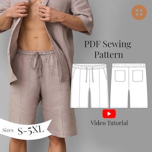 Puede incluir: Patrón de costura PDF para pantalones cortos con cintura de cordón y bolsillos. El patrón incluye las tallas S-5XL. También está disponible un tutorial en vídeo.