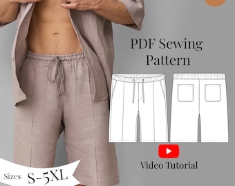 Men&#39;s Linen Shorts PDF Sewing Pattern Sizes S-5XL/ EU 40-54 Summer Shorts/ Easy Beginner Digital pattern/ Drawstring waist mens shorts