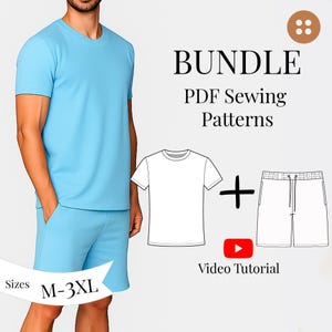 May include: A light blue t-shirt and shorts set. The image includes a diagram of a t-shirt and shorts, plus the text "BUNDLE PDF Sewing Patterns" and "Video Tutorial". Sizes available are M-3XL.