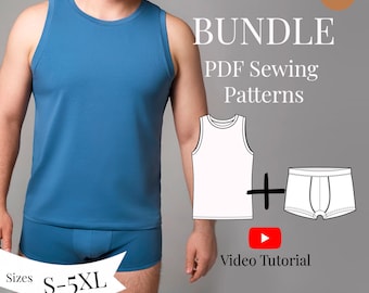 Men Sewing bundle: Tank Top + Boxer Briefs / Video Tutorial/ Sizes S-5XL