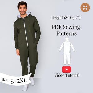 Hooded Jumpsuit PDF Sewing Pattern S-2XL + Video Sewing Tutorial/ 186 cm Height (73,2 in) / Hooded Overall for men/ Mens jumpsuit pattern