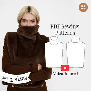 Könnte beinhalten: Eine Frau trägt einen braunen Kunstfellkragen über einer braunen Jacke. Das Bild enthält den Text „PDF Sewing Patterns“, „Sizes 2 sizes“ und „Video Tutorial“. Zwei Strichzeichnungen des Kragens sind ebenfalls abgebildet.