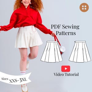 Może przedstawiać: Osoba w czerwonej bluzie i białej plisowanej spódnicy. Obraz zawiera tekst "PDF Sewing Patterns", "Video Tutorial" i "Sizes XXS-3XL". Pokazano również dwa rysunki linii spódnicy.