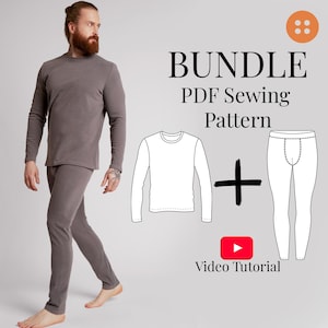 May include: A man wearing a gray long-sleeve shirt and matching pants. The image also features a PDF sewing pattern bundle with a long-sleeve shirt and pants, plus a "Video Tutorial" icon.
