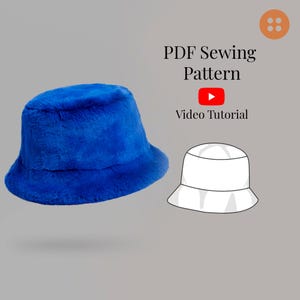 Könnte beinhalten: Ein blauer Kunstfell-Bucket-Hut mit weißem Umriss. Das Bild zeigt auch eine Strichzeichnung eines Bucket-Huts mit dem Text "PDF Sewing Pattern" und "Video Tutorial".