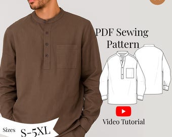 Men Henley Shirt Sewing Pattern +Video Tutorial/ Sizes S-5XL