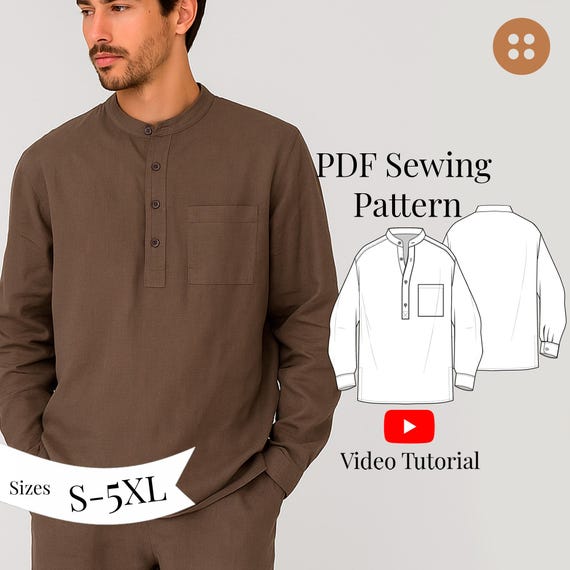 Men Henley Shirt Sewing Pattern +Video Tutorial/ Sizes S-5XL