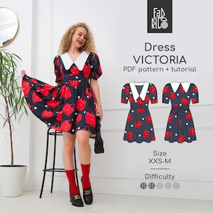 V-neckline Dress PDF Sewing Pattern Sizes XXS M/ Retro Turndown Collar ...