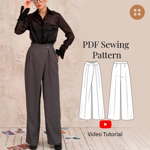 Calças femininas de pernas largas em PDF, moldes de costura, tamanhos XXS-3XL / Altura, cintura, molde de costura para calças / Eu 34-48 / Molde para impressão A4, Carta, A0