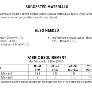May include: A sewing pattern information sheet titled SUGGESTED MATERIALS, ALSO NEEDED, and FABRIC REQUIREMENT. It lists fabric types, notions like 4 buttons, and a table showing main fabric requirements in meters and yards for sizes 40-54.