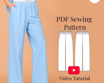Pajama Style Pants Sewing Pattern, Double Waistband, Sizes XXS-3XL (PDF Pattern + Video Tutorial)
