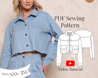 Denim Crop Jacket Sewing Pattern: Sizes XXS-3XL (PDF Pattern + Video Tutorial)