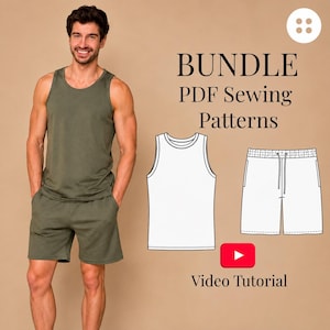Puede incluir: Un paquete de patrones de costura en PDF que incluye una camiseta sin mangas y pantalones cortos. La imagen muestra a una persona con una camiseta y pantalones cortos de color verde oliva, junto a dibujos lineales y el texto BUNDLE PDF Sewing Patterns.