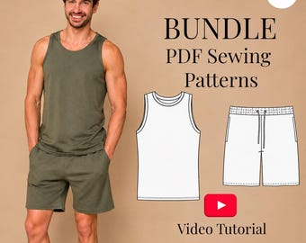 Mens Jersey Shorts + Tank Top Sewing Pattern Bundle | Sizes S-5XL | PDF + Video Tutorial| S-5XL