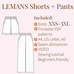 Women's shorts and trousers PDF SEWING PATTERN with step by step tutorial. Sizes XXS-XXXL.
This 2-in-1 PDF sewing pattern lets you create either wide-leg pants or comfortable shorts using one versatile pattern. A smart and practical solution for your handmade wardrobe ✂️
The pattern includes special length guidelines, so you can easily choose whether to sew pants or shorts — just follow the marked lines and customize the final look to your preference.