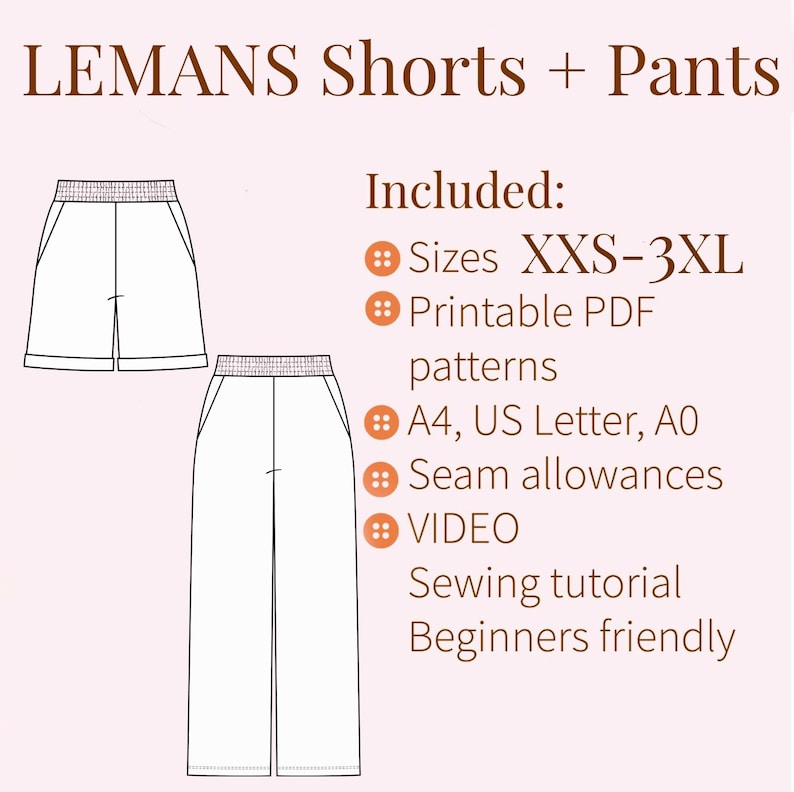Women's shorts and trousers PDF SEWING PATTERN with step by step tutorial. Sizes XXS-XXXL.
This 2-in-1 PDF sewing pattern lets you create either wide-leg pants or comfortable shorts using one versatile pattern. A smart and practical solution for your handmade wardrobe ✂️
The pattern includes special length guidelines, so you can easily choose whether to sew pants or shorts — just follow the marked lines and customize the final look to your preference.