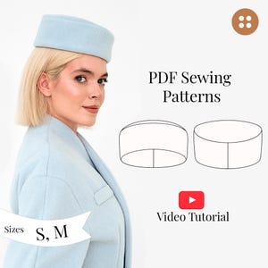 May include: A light blue hat with a flat top and a matching light blue coat. The image includes the text "PDF Sewing Patterns", "Video Tutorial", and sizes S, M. There are also two line drawings of the hat.