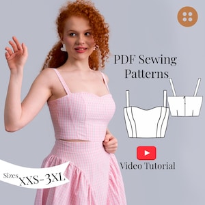 May include: A pink and white gingham crop top and skirt set. The image includes a PDF sewing pattern graphic and text that reads "PDF Sewing Patterns" and "Video Tutorial". Sizes available are XXS-3XL.