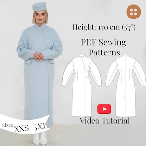 Puede incluir: Se muestra un abrigo azul claro y un sombrero a juego. La imagen incluye un diagrama del abrigo, el texto "PDF Sewing Patterns", "Video Tutorial" y el rango de tallas "XXS-3XL". La altura del modelo es de 170 cm (5'7").