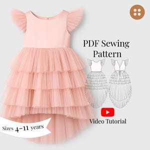 Kids Birthday Party Dress PDF Sewing Pattern sizes 4-11 years/ Kids Party Wear Sewing Video instruction/ Kids Princess Dress pattern