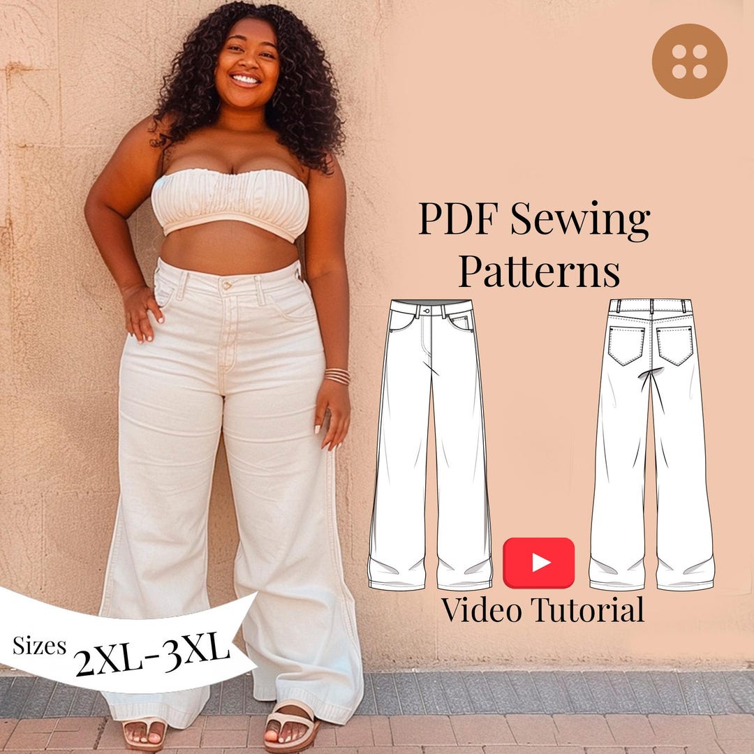 Wide Leg Jeans Sewing Pattern + Video Tutorial/ Curvy Women Plus Size ...