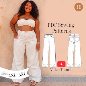 Patrón de costura para pantalones vaqueros de pierna ancha + videotutorial / Tallas grandes para mujeres con curvas