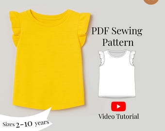 Girl Ruffle T-shirt Sewing Pattern + Video Tutorial/ Beginner Friendly, Sizes 2-10 Years