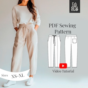Patrón de costura en PDF para pantalones de lino de mujer, tallas XS-XL / Pantalón con cintura elástica EU36-44 / Patrón de pantalón de cintura alta imprimible, A0, A4, Carta
