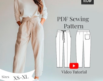 Woman Linen pants PDF Sewing Pattern Sizes XS-XL / Elastic Waistband Trousers EU36-44/ Hight Waist Trousers pattern printable A0, A4, Letter