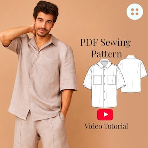 May include: A light brown short-sleeved button-down shirt with a collar and a chest pocket. The image includes text reading PDF Sewing Pattern and Video Tutorial, alongside a black and white line drawing of the shirt from front and back views.
