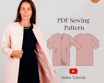 Women's Collarless Coat Sewing Pattern XS-XL (PDF Pattern+Video Tutorial)