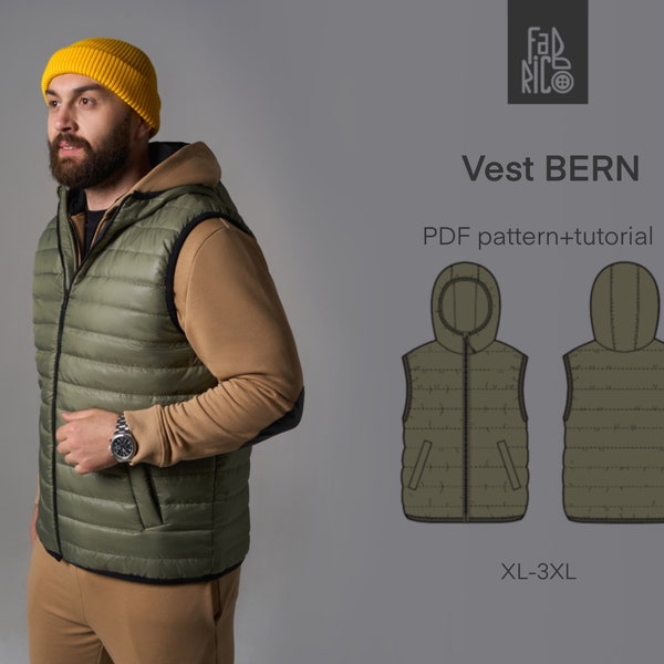 Men's Puffer Vest PDF Sewing Pattern Sizes XL-3XL/Quilted Vest pattern/Padded Vest/ Outerwear DIY/ Hood and Collar